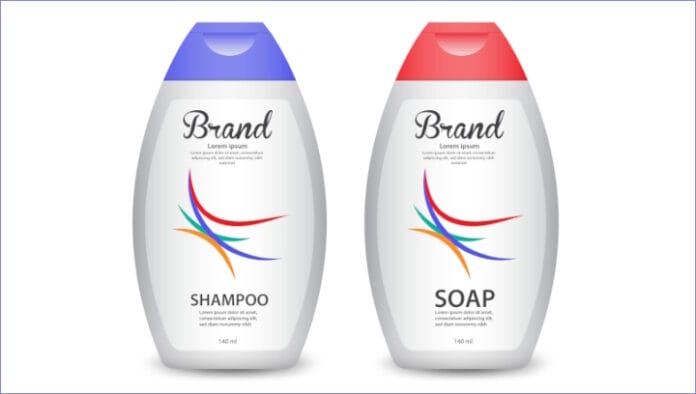 Shampoo Packaging template vector, Soap packaging label design, packaging design, product design, Bottle cosmetic design, shampoo label template, soap bottle, shampoo bottle Realistic 3d mock-up HERMA, Etikettenmaterial, Haftverbunde,