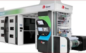 Giave, Mehrzylinder-Flexodruckmaschine, LED-UV,